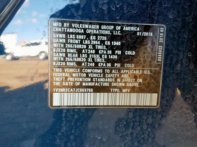 1V2NR2CA7JC553755 - 2018 VOLKSWAGEN ATLAS SEL Mavi foto 10