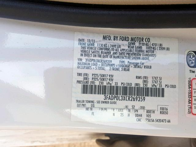 3FADP0L3XCR269359 - 2012 FORD FUSION HYB WHITE photo 10