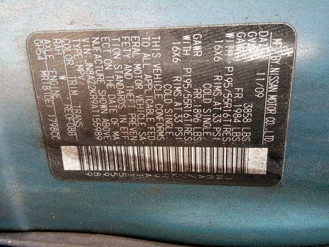 JN8AZ2KR9AT155989 - 2010 NISSAN CUBE BASE BLUE photo 10