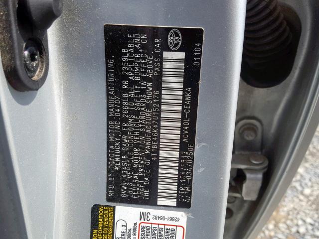 4T1BE46K47U152176 - 2007 TOYOTA CAMRY NEW SILVER photo 10