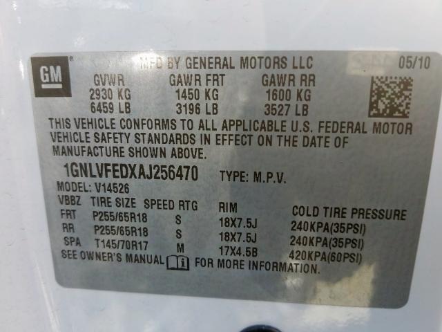 1GNLVFEDXAJ256470 - 2010 CHEVROLET TRAVERSE LT  photo 10