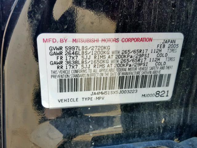 JA4MW51SX5J003223 - 2005 MITSUBISHI MONTERO LI BLACK photo 10