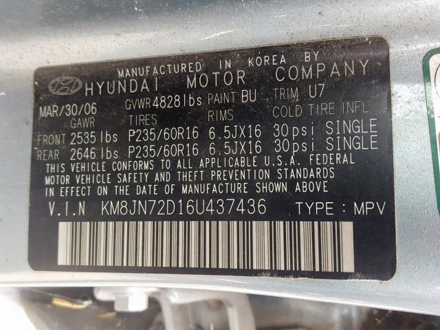 KM8JN72D16U437436 - 2006 HYUNDAI TUCSON GLS GRAY photo 10