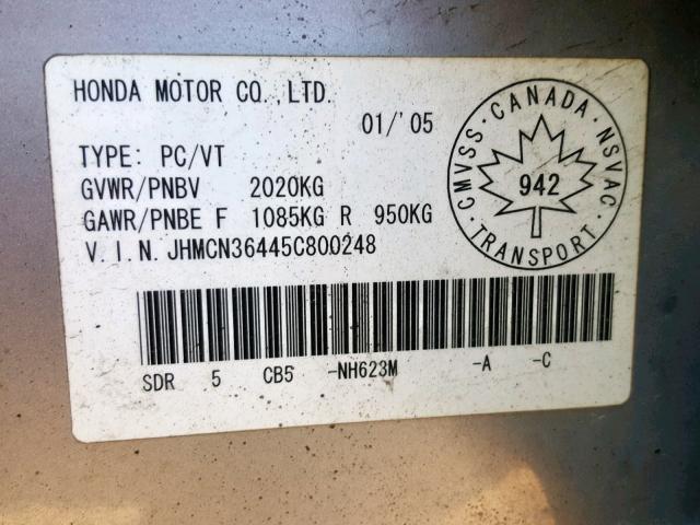 JHMCN36445C800248 - 2005 HONDA ACCORD HYB SILVER photo 10