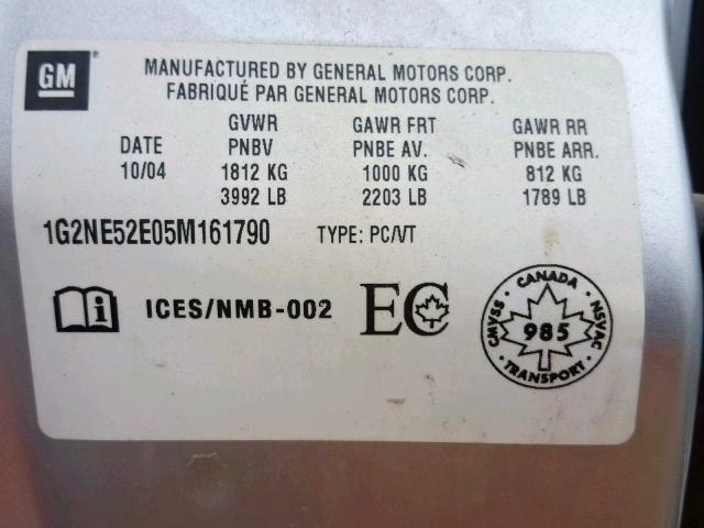 1G2NE52E05M161790 - 2005 PONTIAC GRAND AM S SILVER photo 10