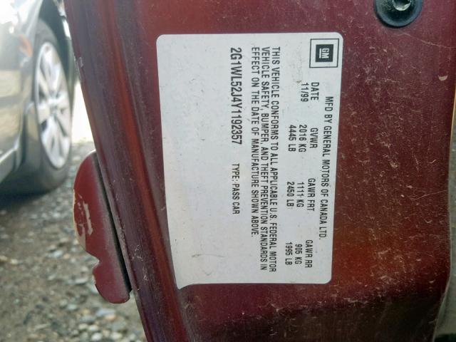 2G1WL52J4Y1192357 - 2000 CHEVROLET LUMINA MAROON photo 10