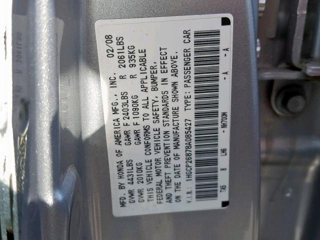 1HGCP26878A085427 - 2008 HONDA ACCORD EXL SILVER photo 10