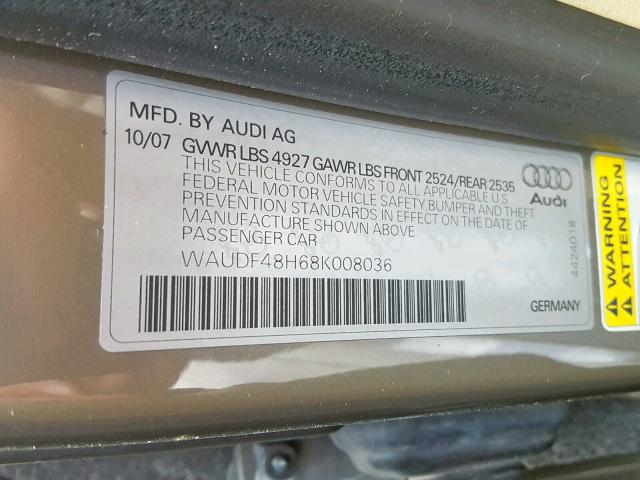 WAUDF48H68K008036 - 2008 AUDI A4 2.0T CA GRAY photo 10