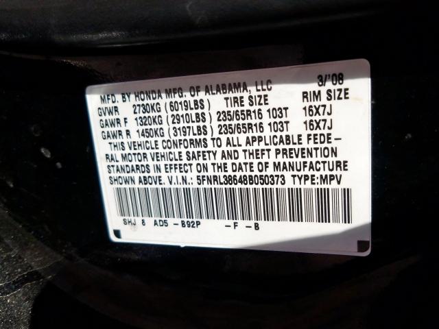 5FNRL38648B050373 - 2008 HONDA ODYSSEY EXL  photo 10