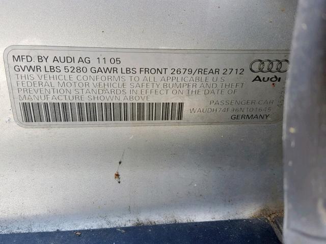 WAUDH74F96N101645 - 2006 AUDI A6 3.2 QUA SILVER photo 10