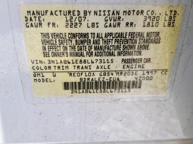 3N1AB61E88L673115 - 2008 NISSAN SENTRA 2.0 WHITE photo 10