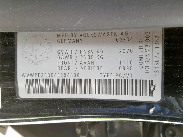 WVWPE23B04E294386 - 2004 VOLKSWAGEN PASSAT GLS BLACK photo 10