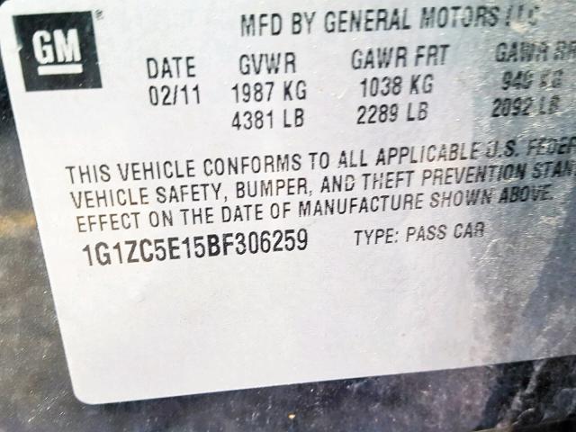 1G1ZC5E15BF306259 - 2011 CHEVROLET MALIBU 1LT 黑色 照片 10