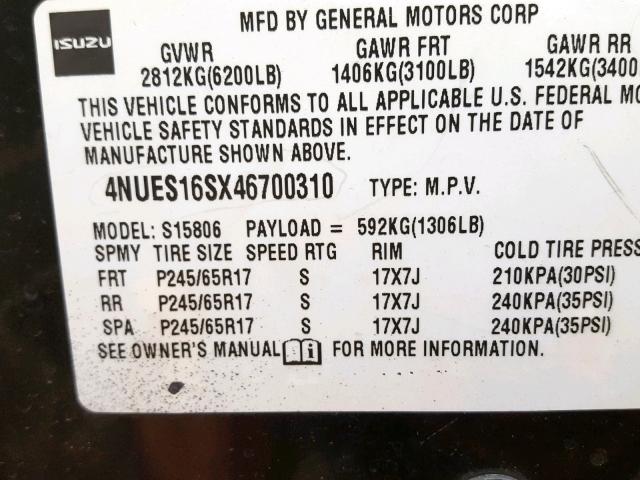 4NUES16SX46700310 - 2004 ISUZU ASCENDER S 黑色 照片 10