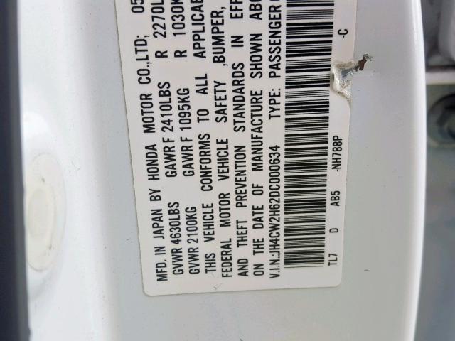 JH4CW2H62DC000634 - 2013 ACURA TSX TECH WHITE photo 10