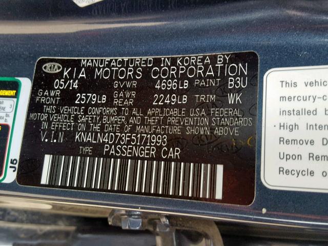 KNALN4D73F5171993 - 2015 KIA CADENZA PR BLUE photo 10