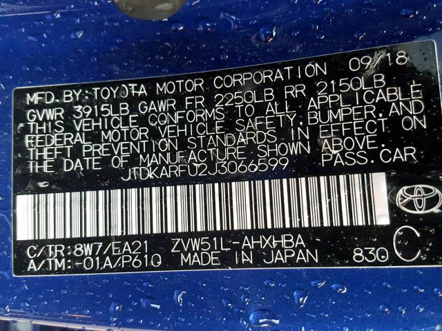 JTDKARFU2J3066599 - 2018 TOYOTA PRIUS BLUE photo 10