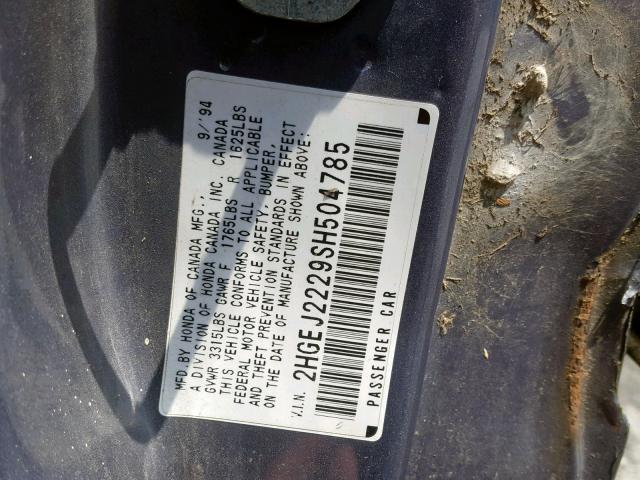 2HGEJ2229SH504785 - 1995 HONDA CIVIC DX CHARCOAL photo 10