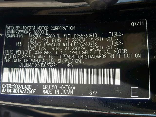 JTJBM7FX5B5035274 - 2011 LEXUS GX BLACK photo 10