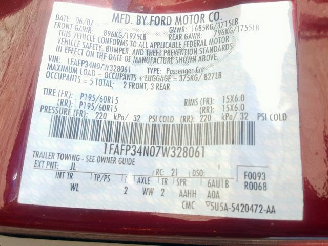 1FAFP34N07W328061 - 2007 FORD FOCUS ZX4 RED photo 10