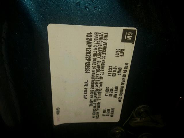 1G2WP12K22F125984 - 2002 PONTIAC GRAND PRIX TEAL photo 10