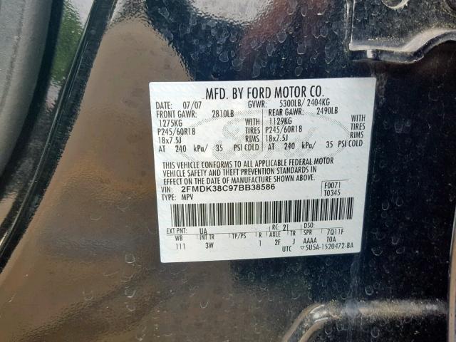 2FMDK38C97BB38586 - 2007 FORD EDGE SEL BLACK photo 10