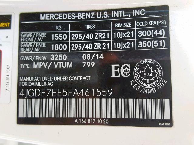 4JGDF7EE5FA461559 - 2015 MERCEDES-BENZ GL 63 AMG WHITE photo 10