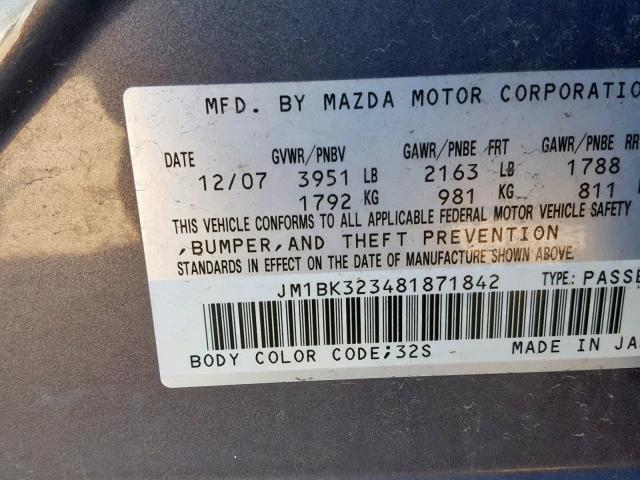 JM1BK323481871842 - 2008 MAZDA 3 S GRAY photo 10