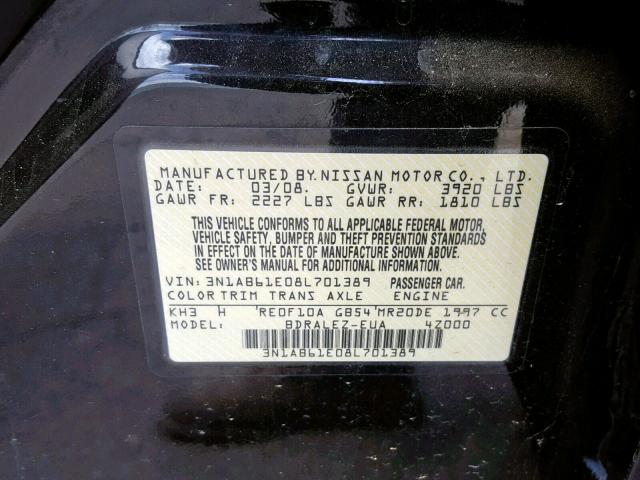 3N1AB61E08L701389 - 2008 NISSAN SENTRA 2.0 BLACK photo 10