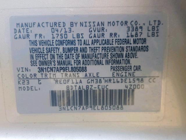 3N1CN7AP9EL805088 - 2014 NISSAN VERSA S SILVER photo 10