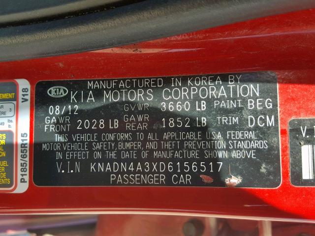 KNADN4A3XD6156517 - 2013 KIA RIO EX RED photo 10