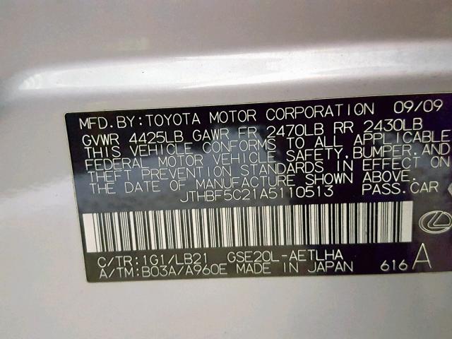 JTHBF5C21A5110513 - 2010 LEXUS IS 250 SILVER photo 10