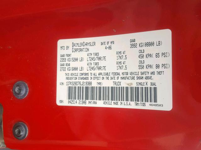 1D7KS28D76J219388 - 2006 DODGE RAM 2500 S Կարմիր լուսանկար 10