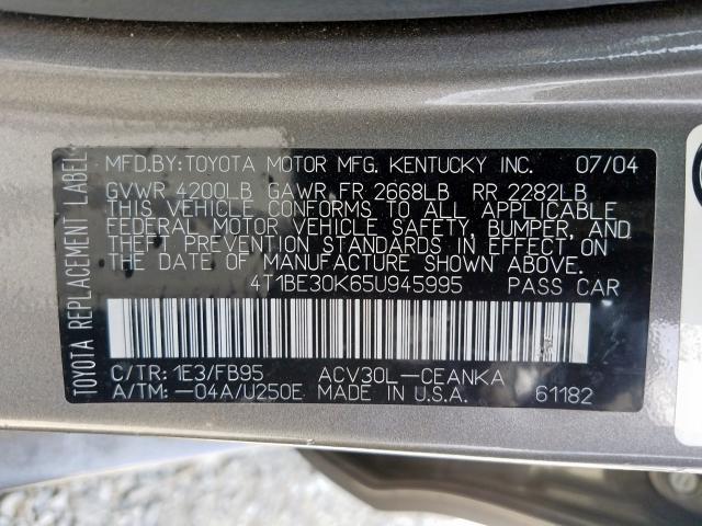 4T1BE30K65U945995 - 2005 TOYOTA CAMRY LE  photo 10