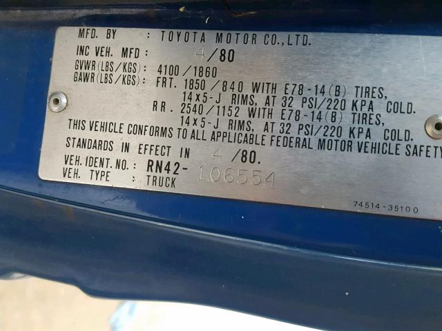 RN42106554 - 1980 TOYOTA PICK UP BLUE photo 10