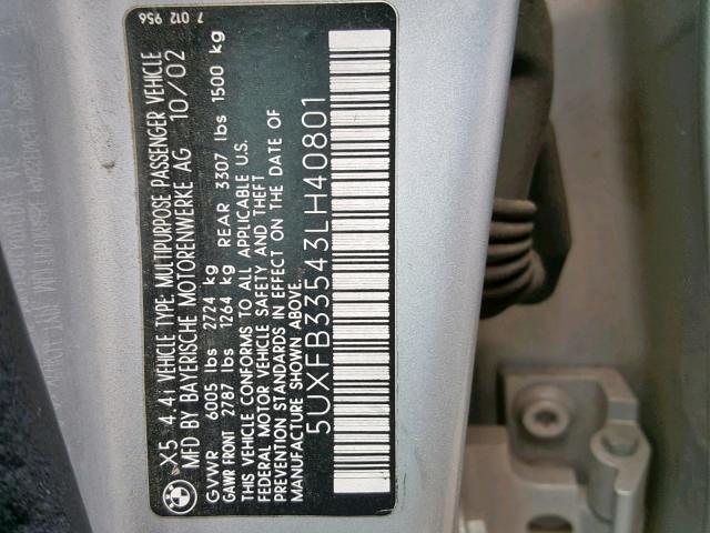 5UXFB33543LH40801 - 2003 BMW X5 4.4I SILVER photo 10