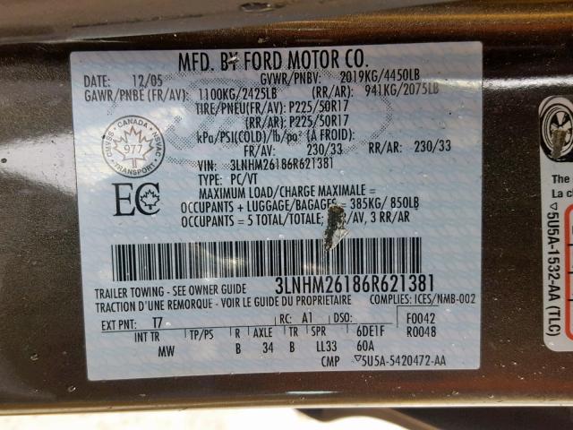 3LNHM26186R621381 - 2006 LINCOLN ZEPHYR BROWN photo 10