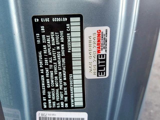 WVWFW8AH5EV002753 - 2014 VOLKSWAGEN EOS LUX 蓝色 照片 10