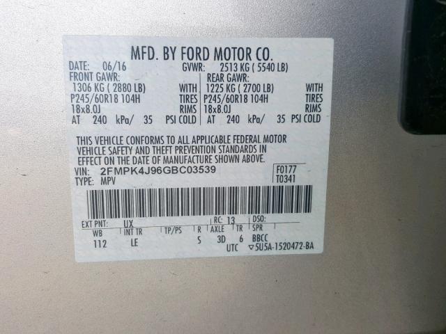 2FMPK4J96GBC03539 - 2016 FORD EDGE SEL SILVER photo 10