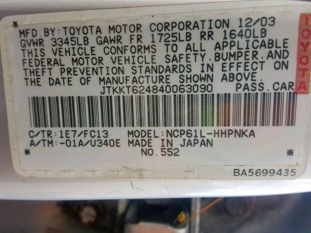 JTKKT624840063090 - 2004 TOYOTA SCION XA SILVER photo 10