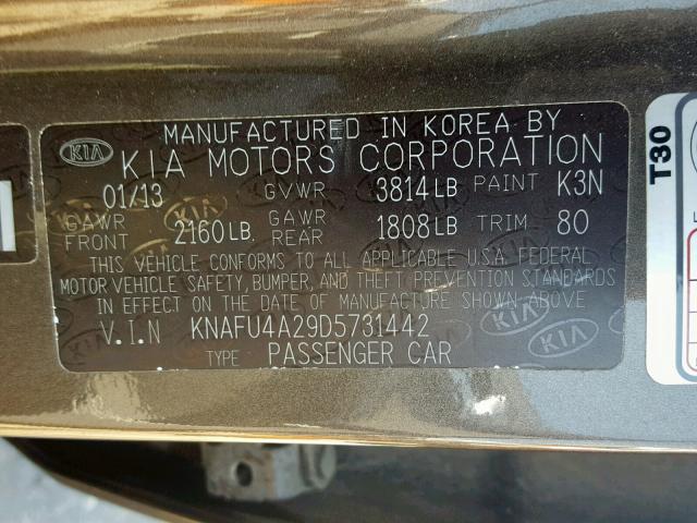 KNAFU4A29D5731442 - 2013 KIA FORTE EX GRAY photo 10