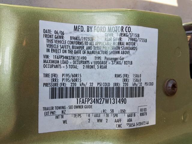 1FAFP34N27W131490 - 2007 FORD FOCUS ZX4 GREEN photo 10