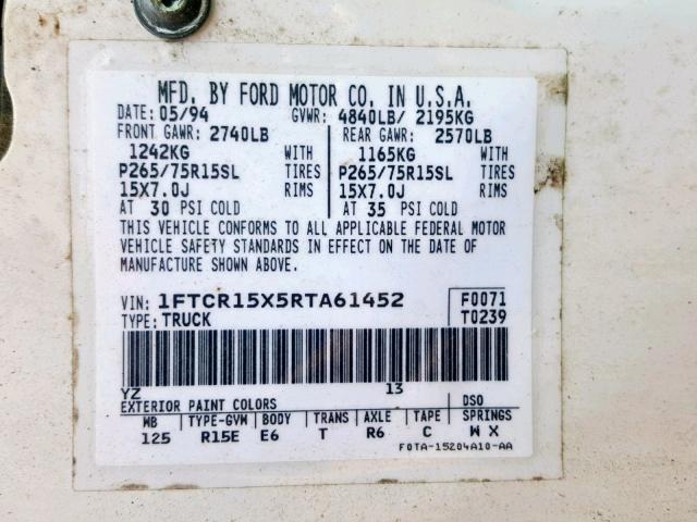 1FTCR15X5RTA61452 - 1994 FORD RANGER SUP WHITE photo 10