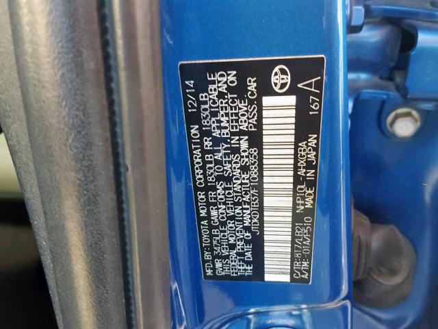 JTDKDTB37F1088358 - 2015 TOYOTA PRIUS C BLUE photo 10