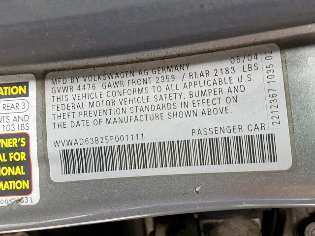 WVWAD63B25P001111 - 2005 VOLKSWAGEN PASSAT GLS GRAY photo 10