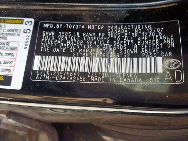 2T1BR32E78C938152 - 2008 TOYOTA COROLLA CE BLACK photo 10