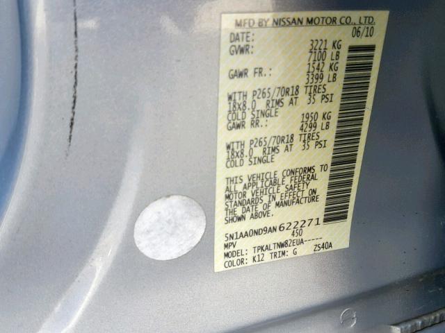 5N1AA0ND9AN622271 - 2010 NISSAN ARMADA SE SILVER photo 10