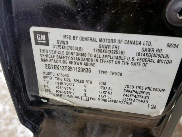 2GTEK13T851120636 - 2005 GMC NEW SIERRA BLACK photo 10