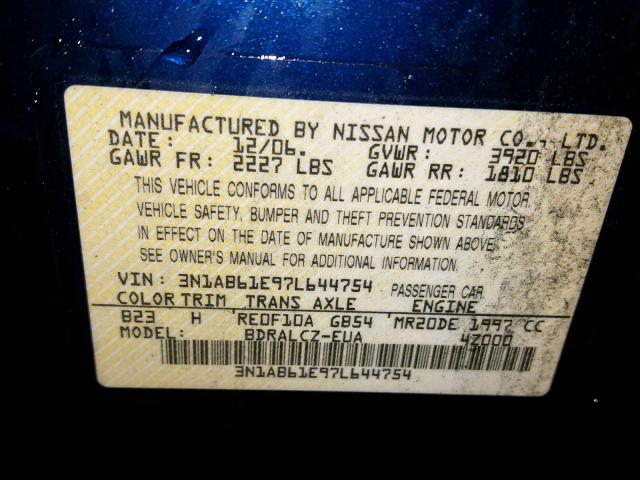 3N1AB61E97L644754 - 2007 NISSAN SENTRA 2.0 BLUE photo 10