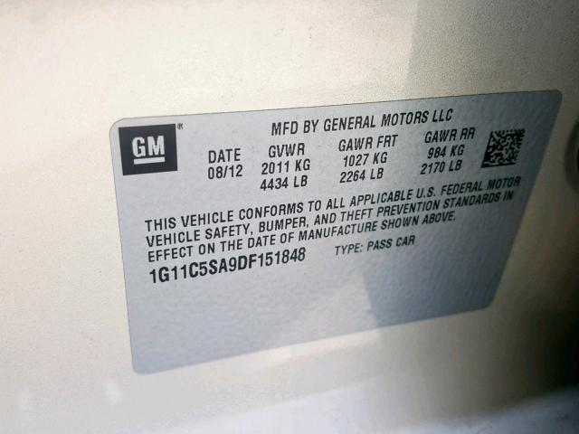 1G11C5SA9DF151848 - 2013 CHEVROLET MALIBU 1LT ოქროსფერი ფოტო 10